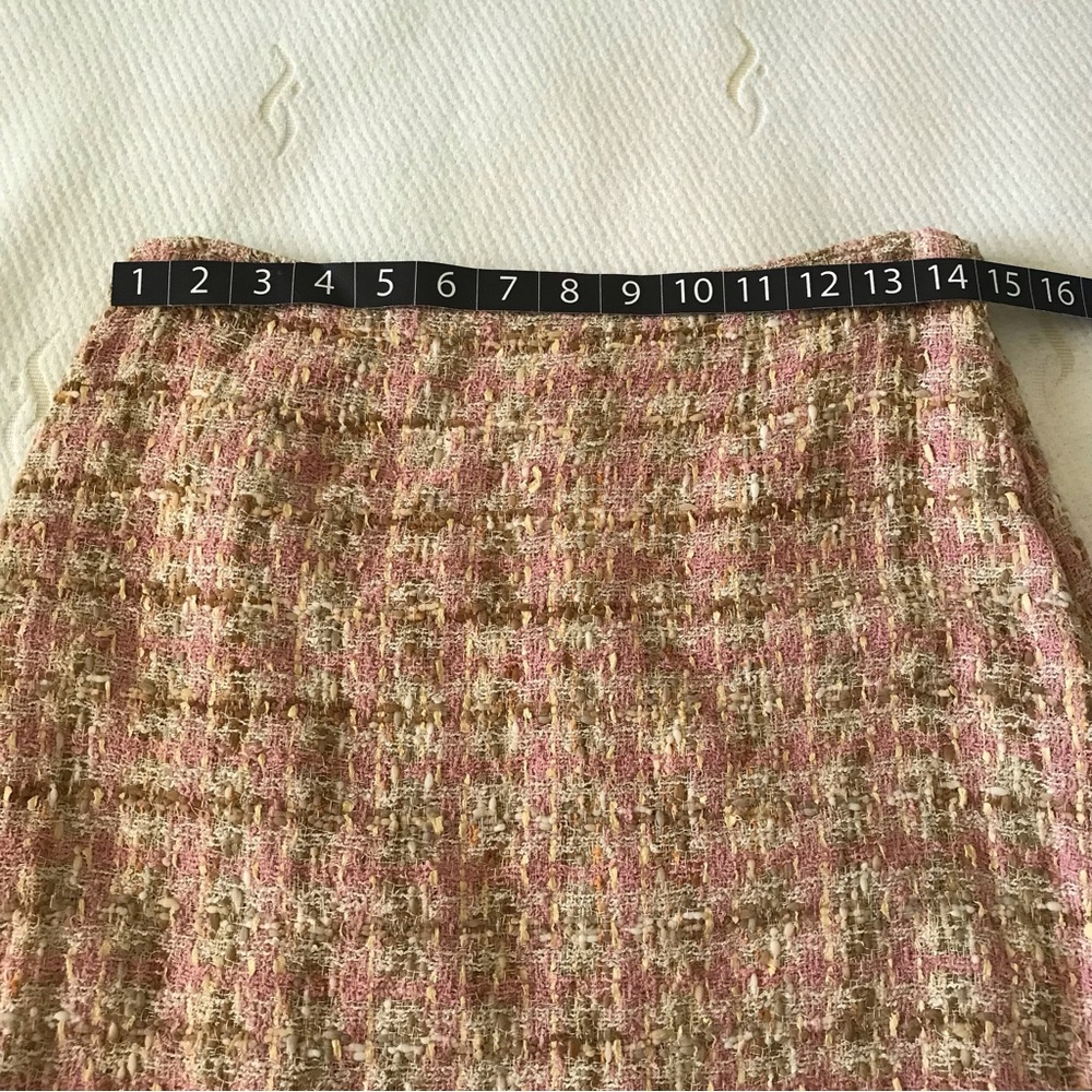 JON Designer Vtg Tweed Skirt Suit Pink Tan Bouclé Fringe Jacket 8 Nostalgic Rare - Picture 11 of 16